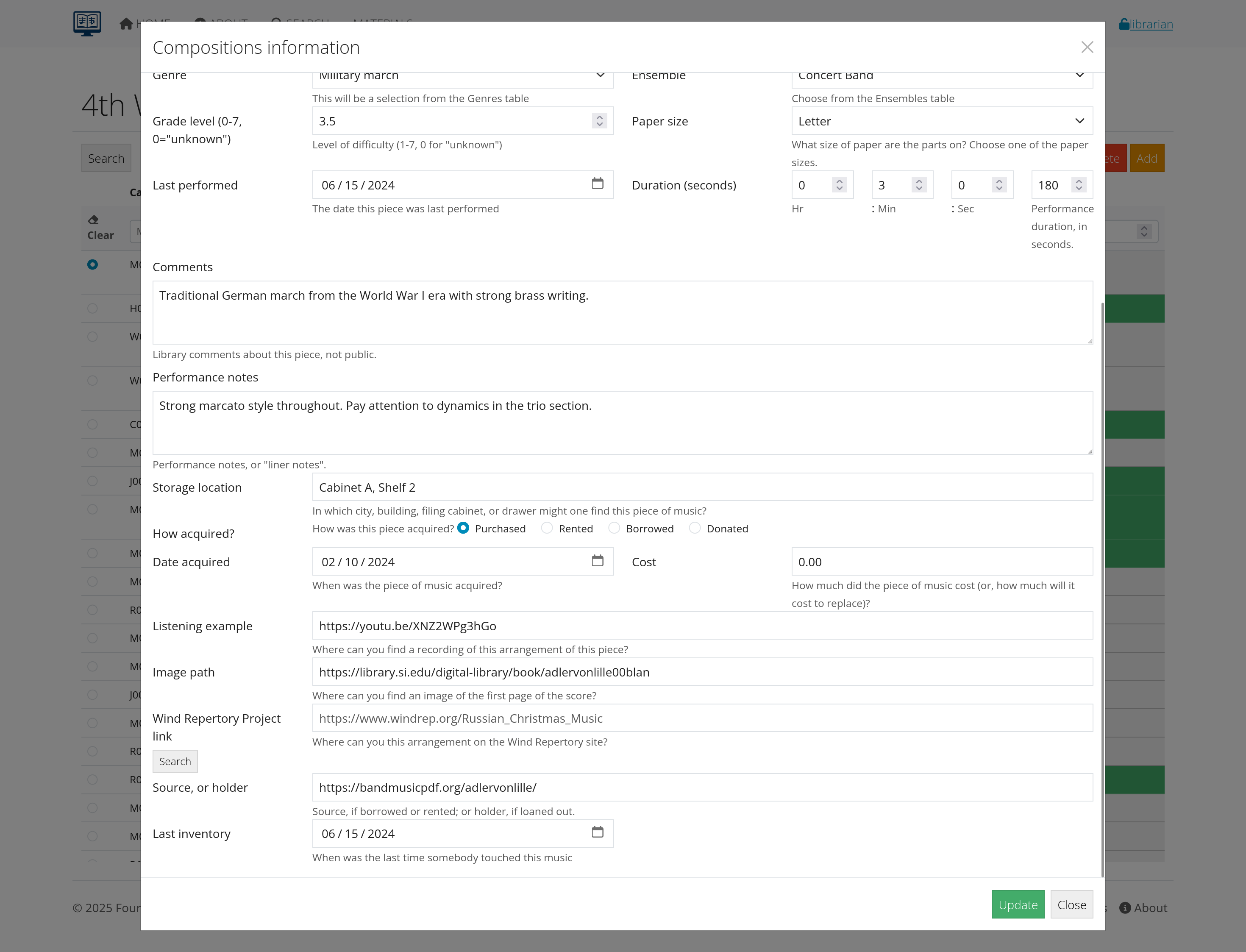 Composition form showing additional fields