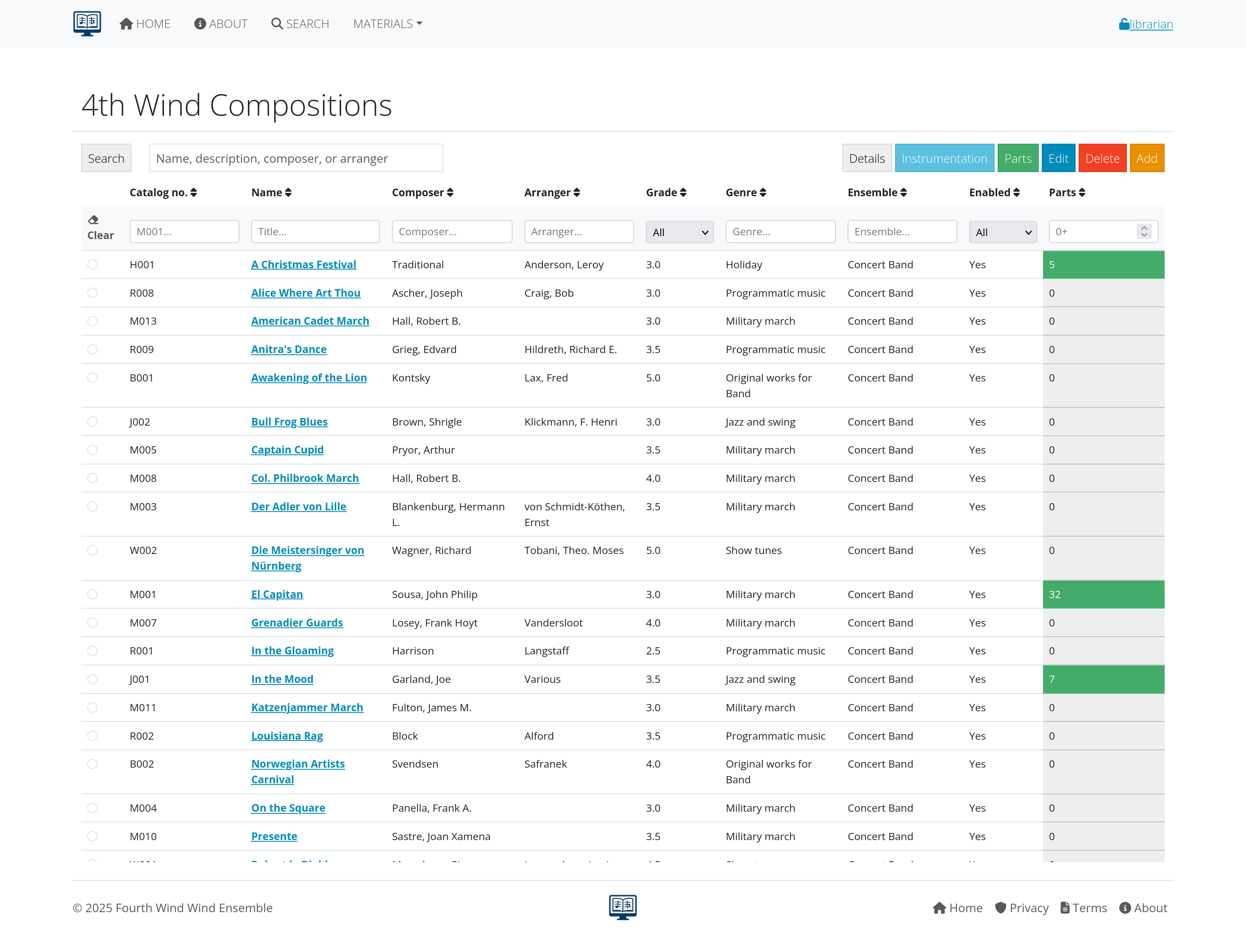 Compositions list with filtering and sorting options