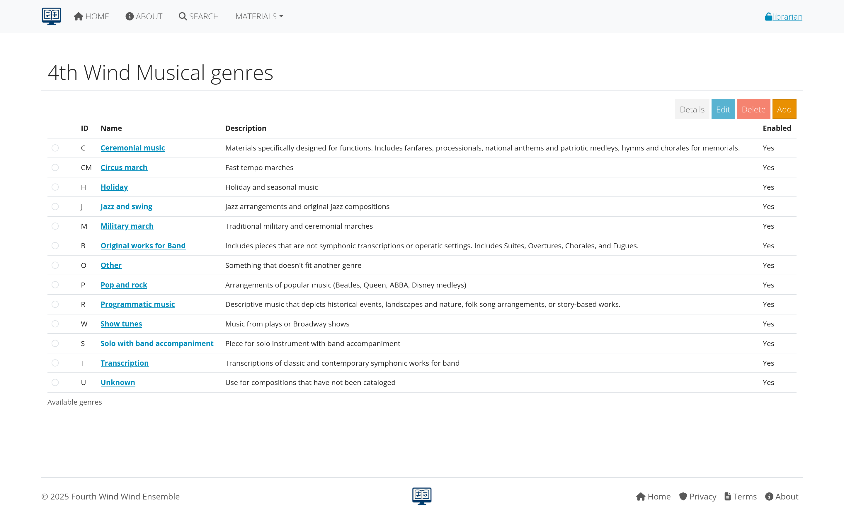 Genre management showing categories and usage