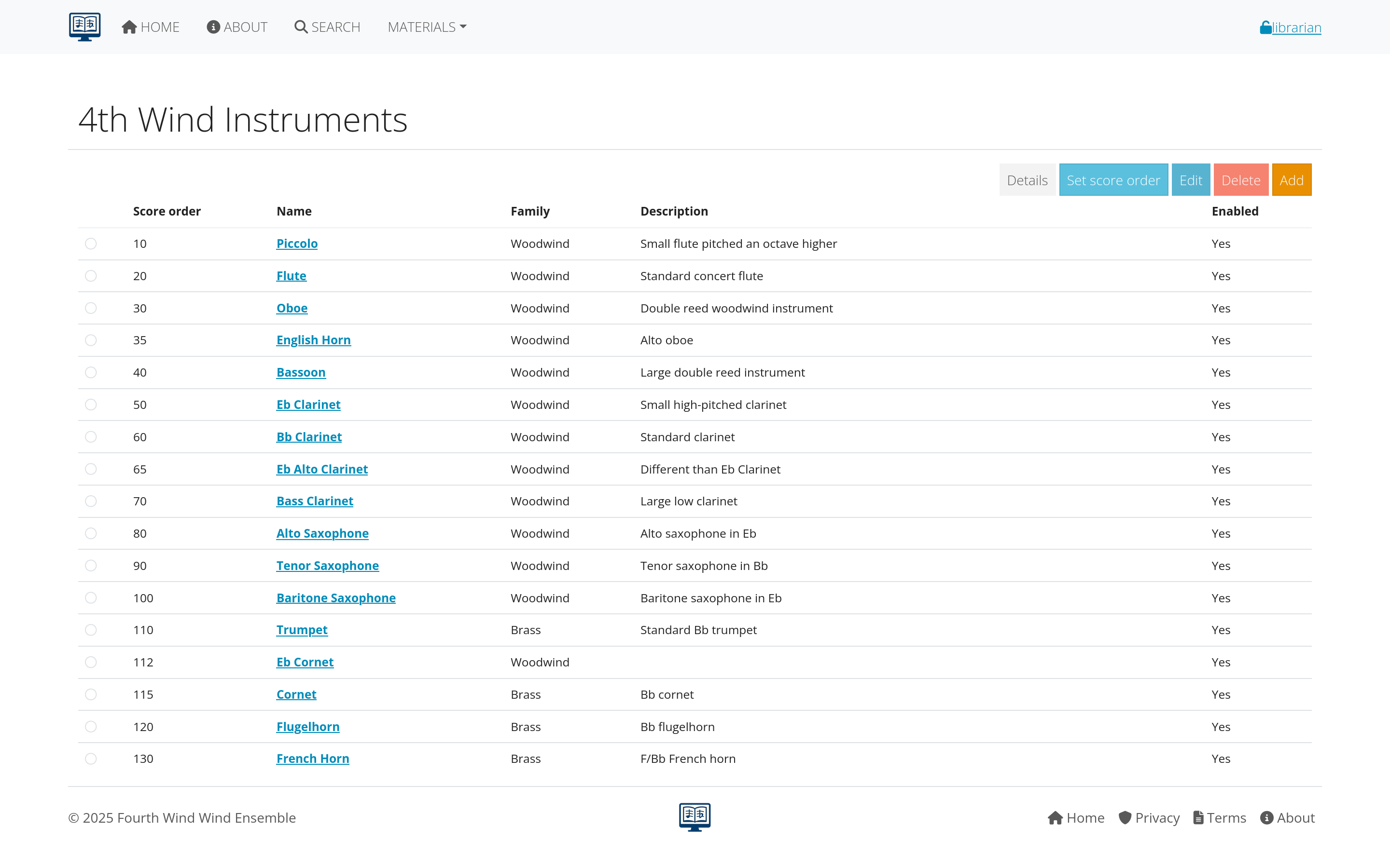 Instruments list showing categories and search options