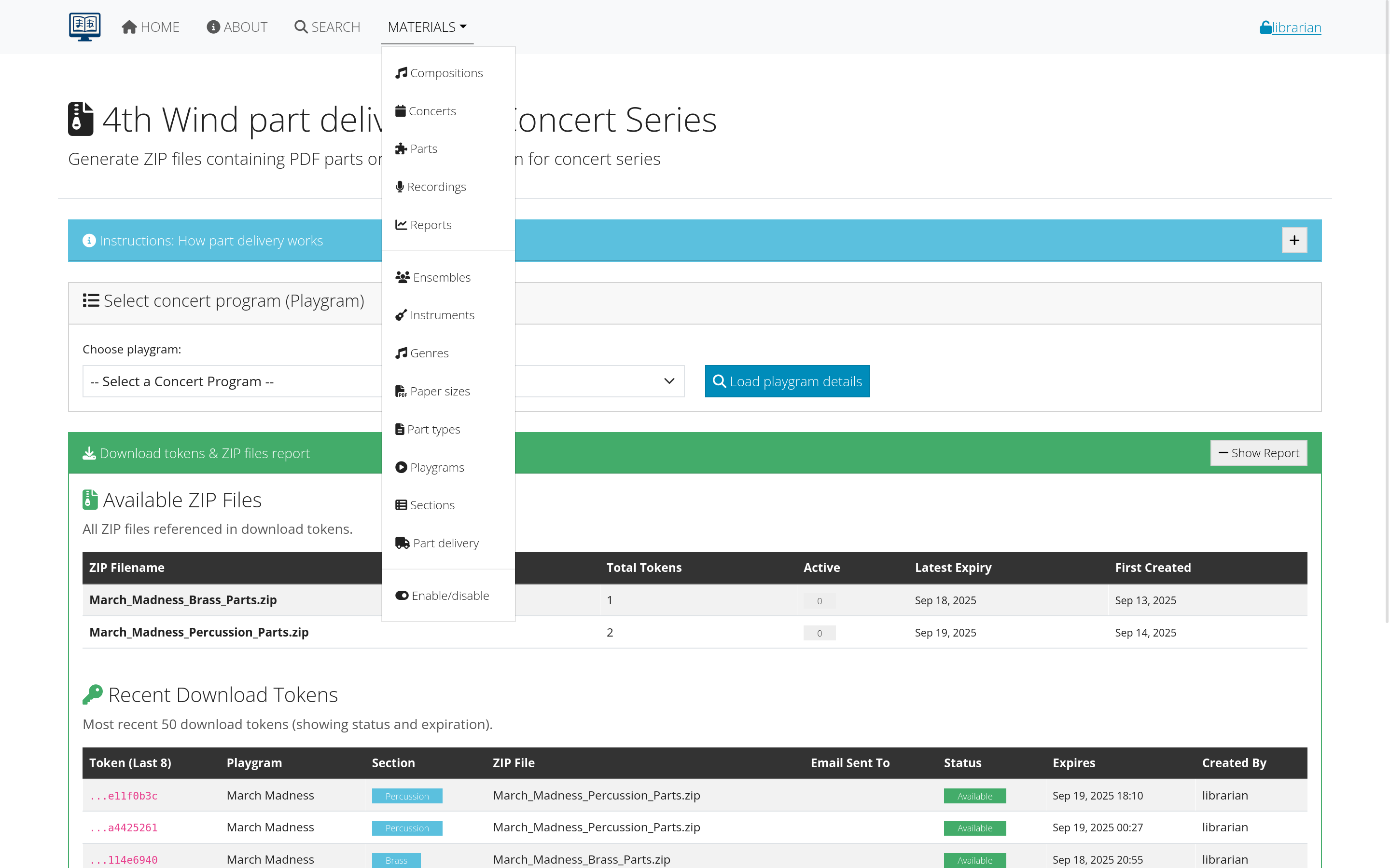 Librarian interface showing management tools